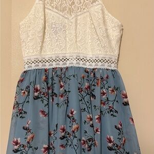 by & by Ivory Lace and Floral Blue Midi Dress